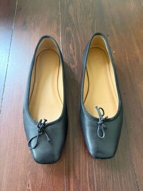 Madewell Black Leather Ballet Flats with Bow Trim